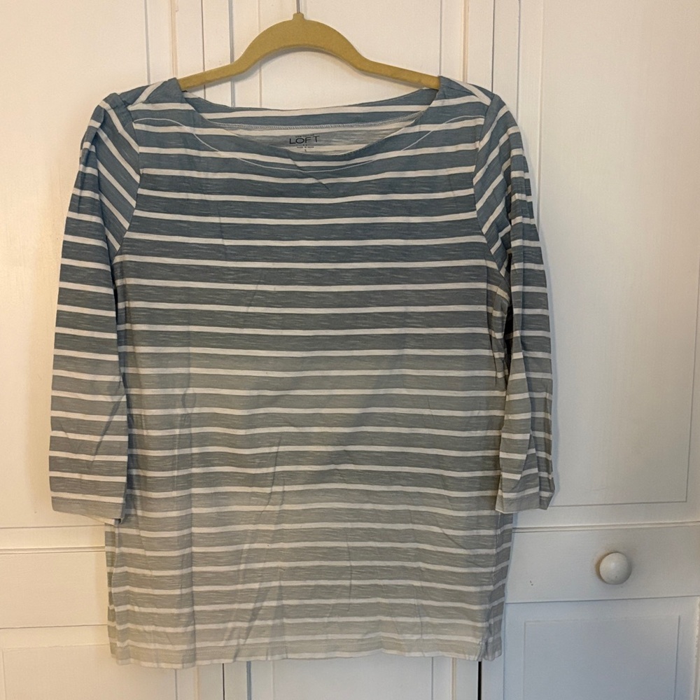 LOFT Gray and White Striped Boatneck Long Sleeve Tee